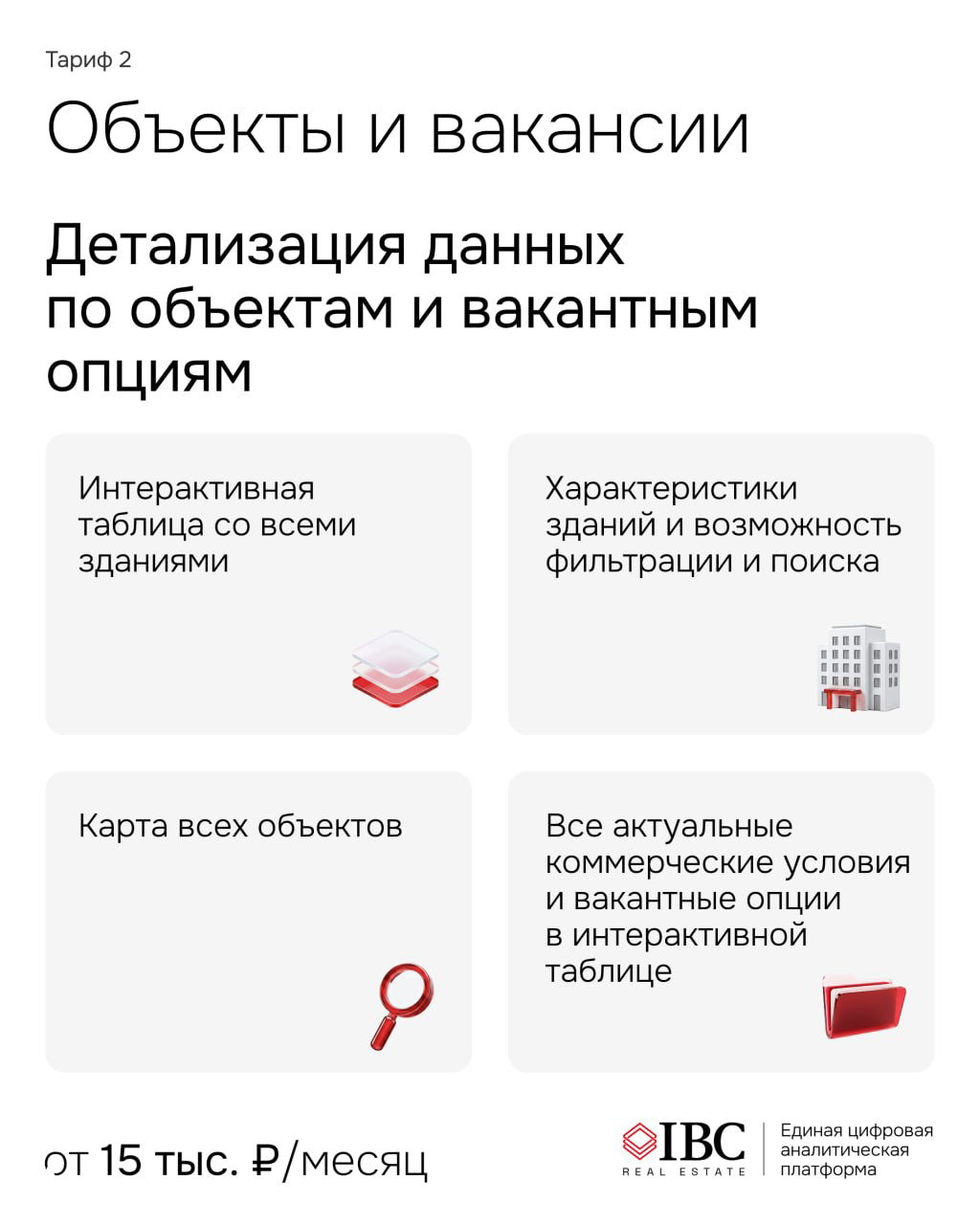 Слайд тарифа «Объекты и вакансии» с перечнем функций: интерактивная таблица, карта объектов, характеристики зданий и фильтры для поиска вакансий и опций.