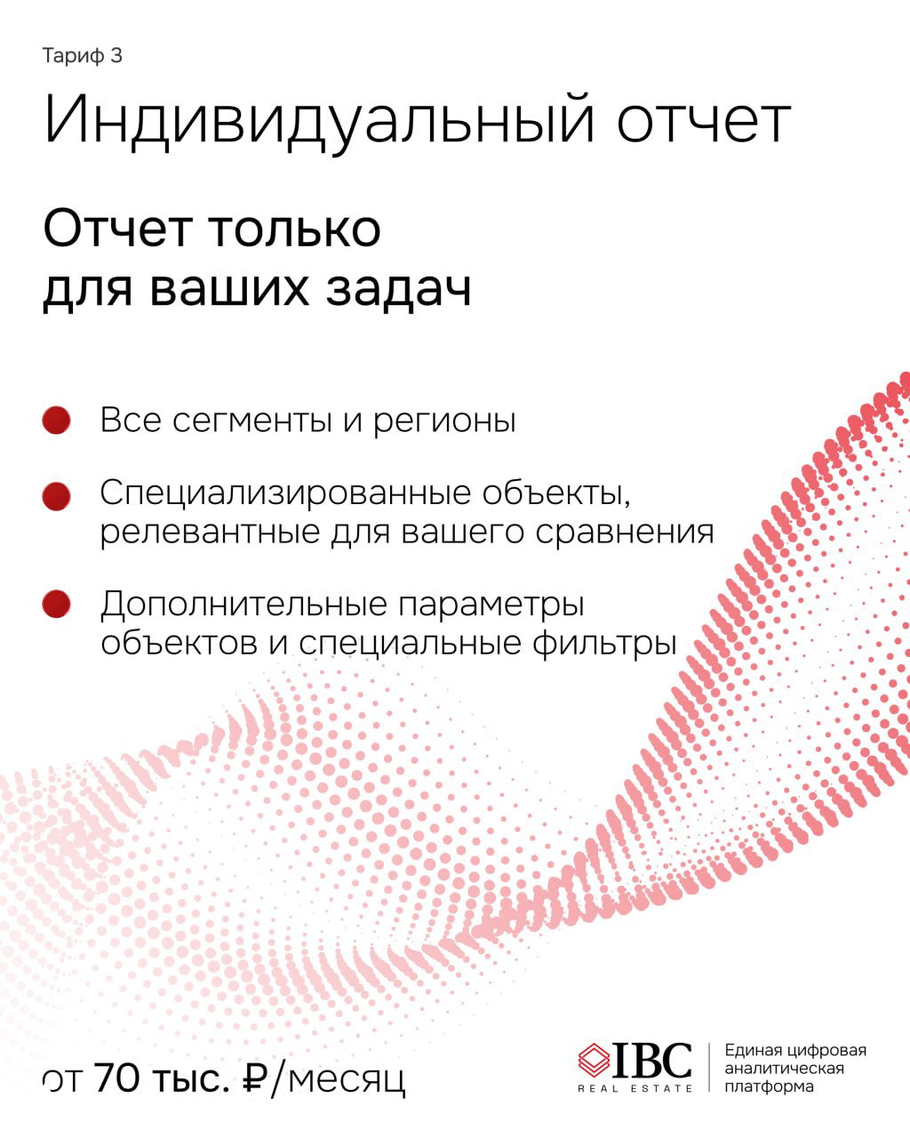 Слайд «Индивидуальный отчет» с описанием возможностей для задач клиента, пунктами преимуществ и указанием цены от 70 тыс. ₽/месяц, красный декоративный элемент.