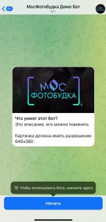 Скриншот мобильного чата бота «МосФотобудка Демо Бот» в Telegram: окно с сообщением о загрузке фото, кнопка «Начать» и элементы интерфейса