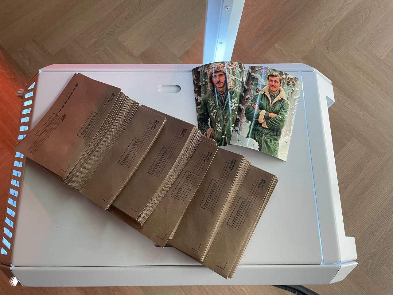 Вид сверху на стол фотобудки с пачкой конвертов и напечатанными AI‑портретами, показана печать брендированных сувениров для гостей.