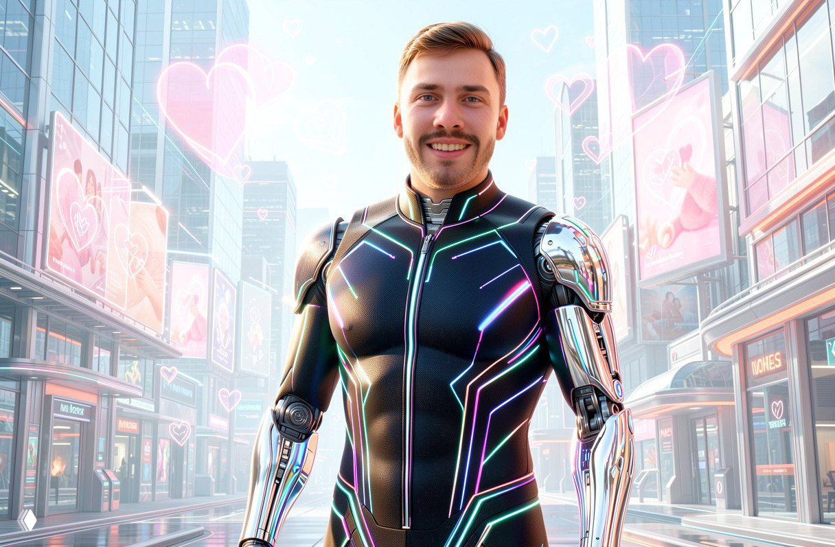 Пара на заснечной городской улице в тёплой одежде, с наложением снежинок и полупрозрачных сердечек — пример валентинского ИИ‑фильтра для фотостойки.