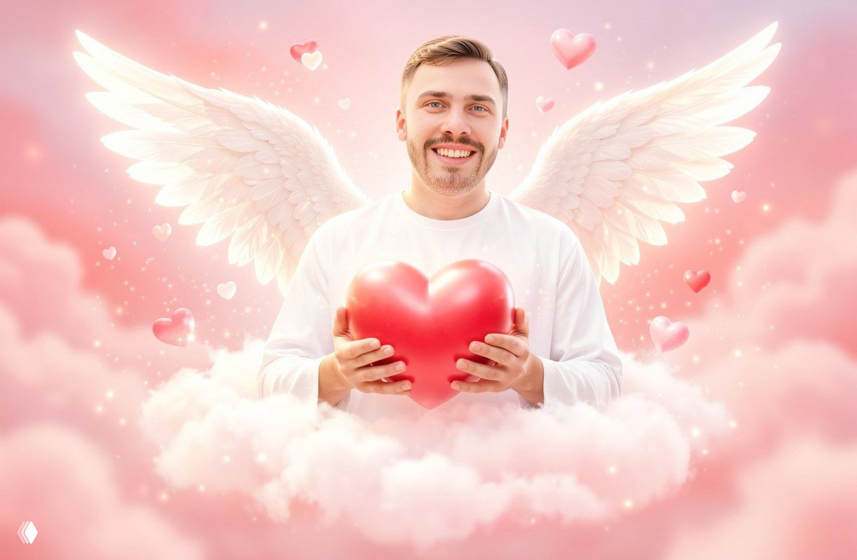 Фантазийный портрет мужчины с крыльями и большим сердцем в руках на розовом облачном фоне — пример креативного ИИ‑стиля для праздничных снимков.
