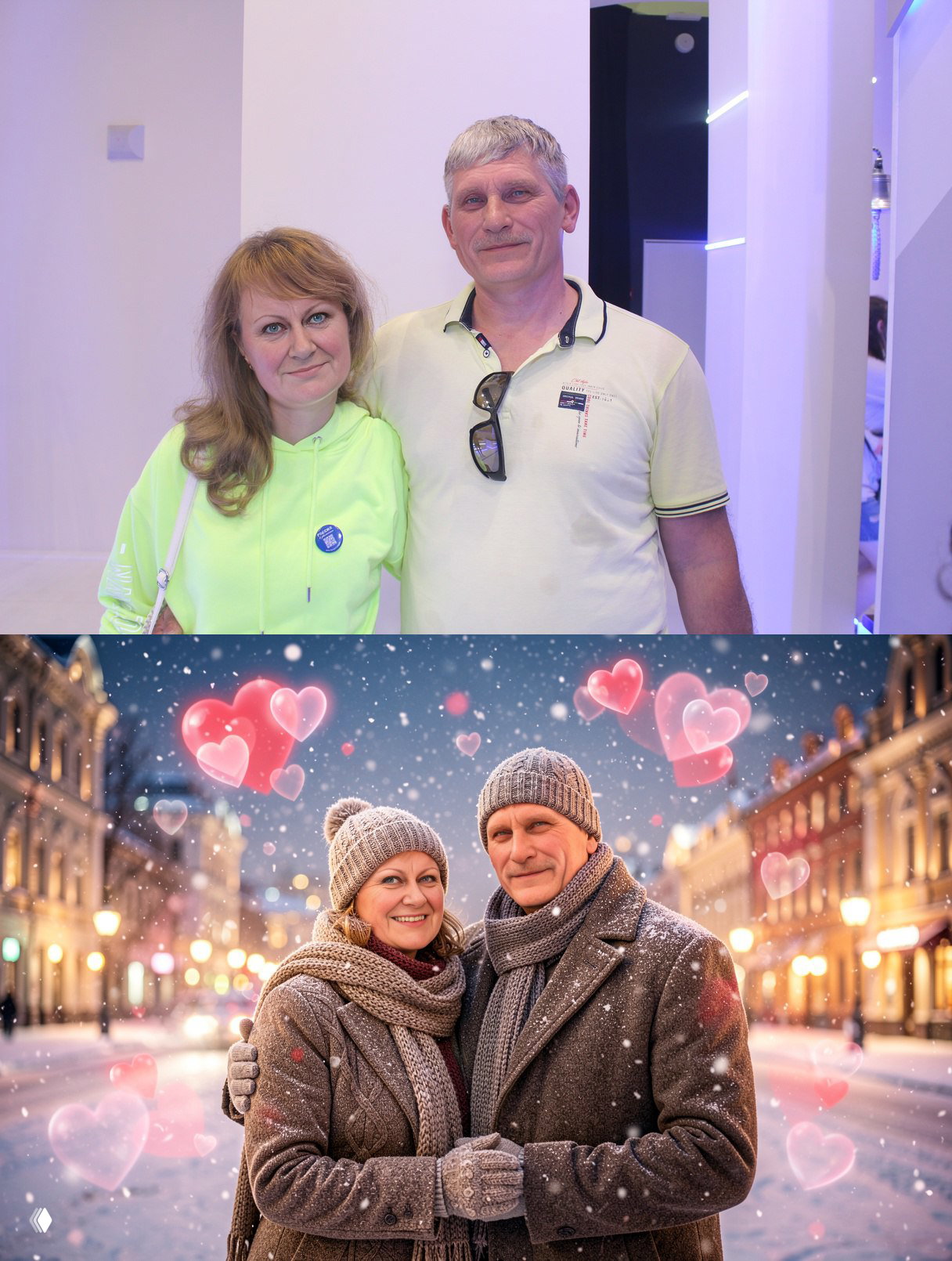 Семейная фотография пары среднего возраста в тёплой одежде в интерьере и затем пример уличной обработки с эффектом снега и сердечек — демонстрация вариантов стиля.