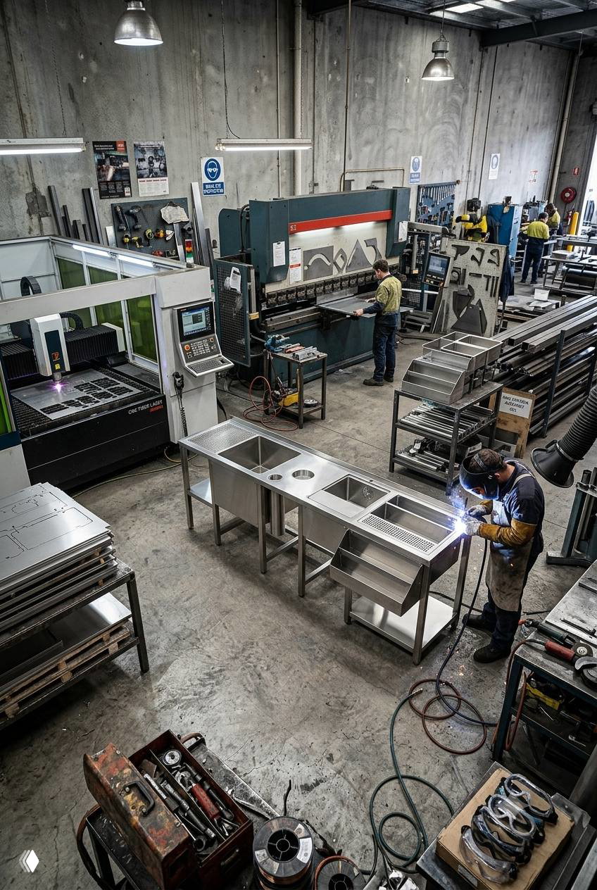 Производственный цех STEELBAR: рабочий сваривает и собирает нержавеющую барную станцию, вид на станки и детали вокруг.