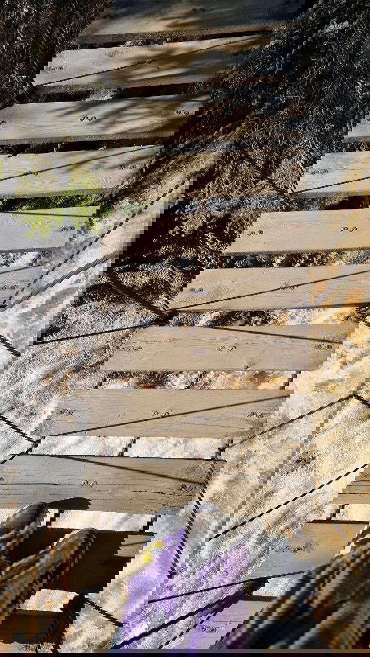 Вид с подвесного моста экотропы вниз на бурлящую реку: деревянные доски моста, струящийся поток и ощущение высоты под ногами.