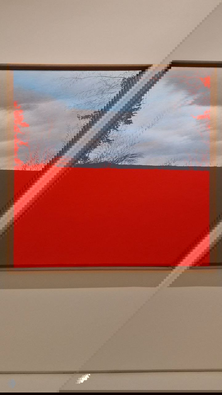 Картина с широким красным полем внизу и небом сверху, резкий цветовой контраст и лаконичная композиция в деревянной раме
