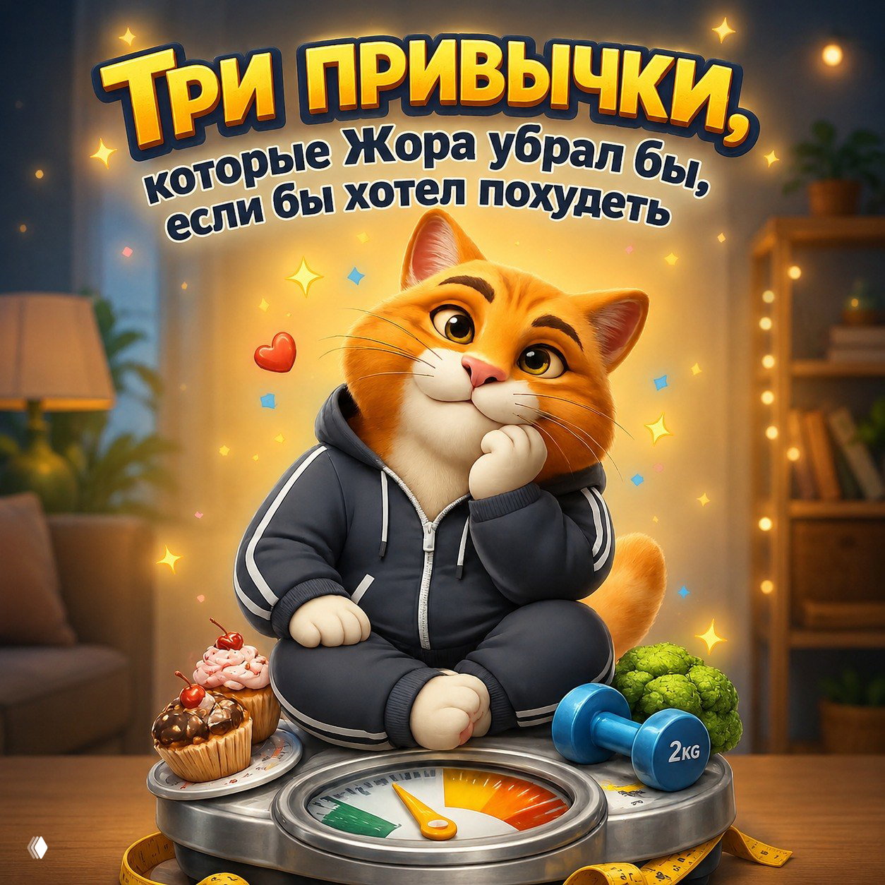 Мультяшный рыжий кот Жора в тёплом спортивном костюме сидит на напольных весах между кексами, брокколи и гантелью в уютной комнате.