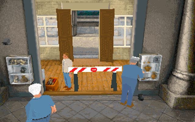 Низкорезолюционный скриншот из игры Knight's Chase: интерьер с двумя персонажами, барьер‑шлагбаум и пикселизированная графика эпохи 90‑х.