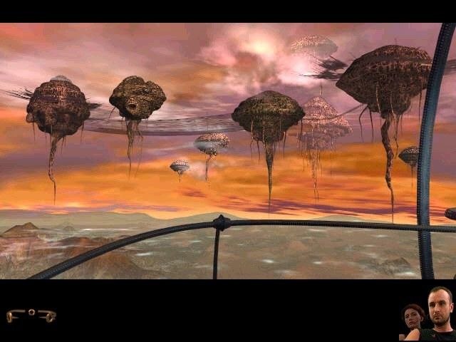 Скриншот из игры Schizm: атмосферный пейзаж с парящими островами и воздушными шарами на фоне заката, атмосферная картинка.