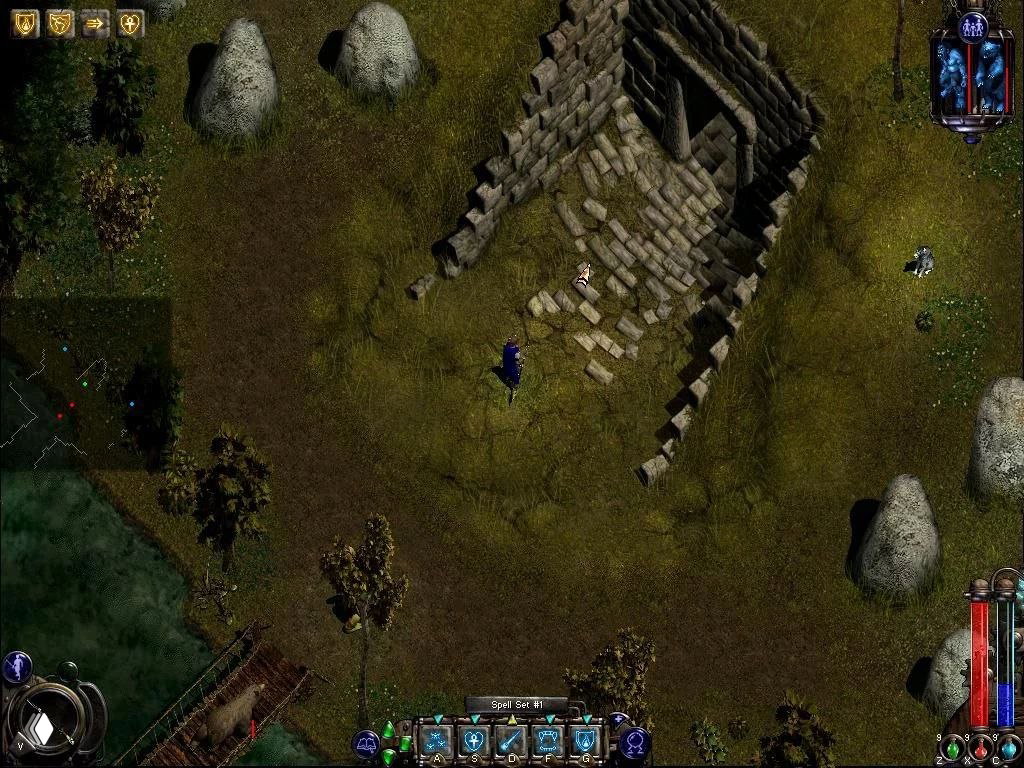 Скриншот игрового процесса Nox: изометрическая игровая сцена, персонаж и интерфейс внизу экрана, визуально напоминает Diablo/Diablo II.