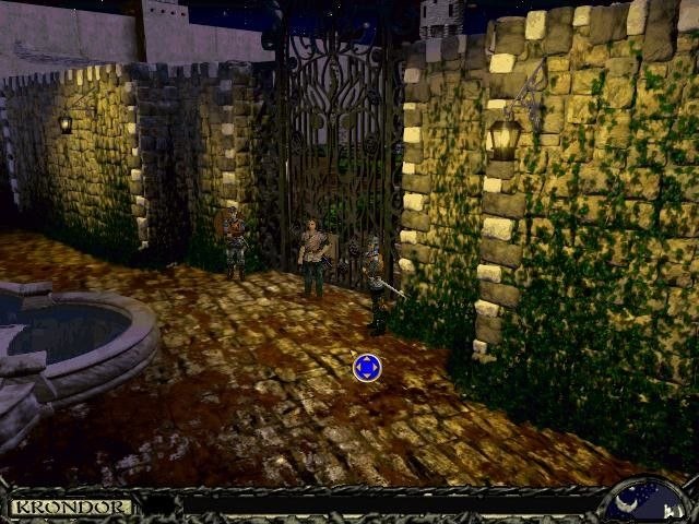 Скриншот из Return to Krondor: каменная площадь с фонтаном, заросшие стенки и небольшая фигура персонажа в центре кадра.