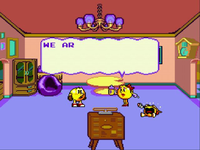 Игровой скриншот Pac‑Man 2: пиксельная внутриигровая сцена с двумя персонажами Pac‑Man и диалоговым облаком, характерная графика 1994 года.