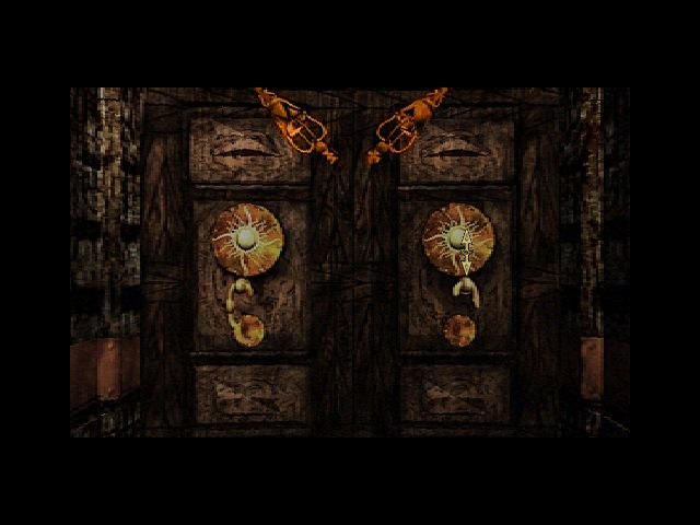 Скриншот FMV‑сцены из Zork Nemesis: тёмная интерьерная сцена с декоративными дверями и симметричными элементами, атмосферное освещение.