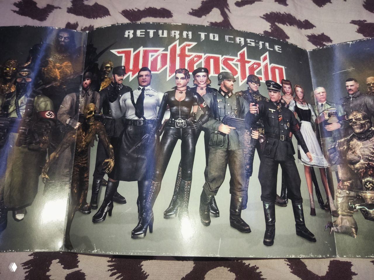Ещё одна часть развёрнутого постера Return to Castle Wolfenstein с логотипом вверху и группой персонажей на переднем плане, глянец отражает свет