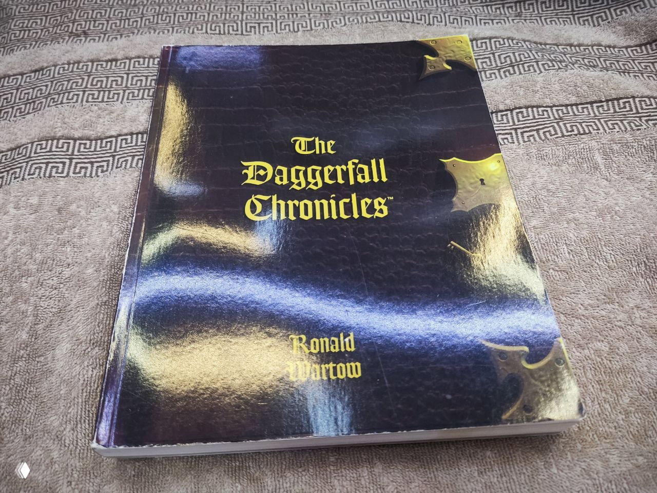 Путеводитель «The Daggerfall Chronicles» (ок. 270 страниц) на ткани; видна тёмная фактурная обложка с золотым заголовком и указанием автора на обложке.