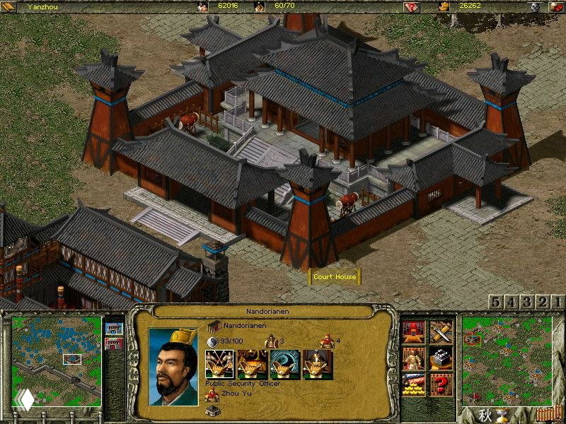 Скриншот игрового процесса Three Kingdoms: Fate of the Dragon — видна изометрическая карта, здания и интерфейс юнитов в стиле начала 2000-х.