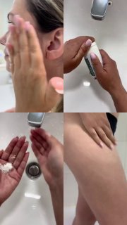 Кадры применения энзимной пудры: крупный план рук с продуктом у умывальника, пастообразная текстура на ладони и вид гладкой кожи ног в ванной.