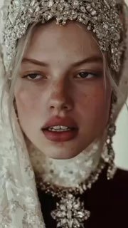 Крупный портрет женщины в декорированном головном уборе, крупный план лица, видны украшения и фактура ткани — художественная студийная фотография.