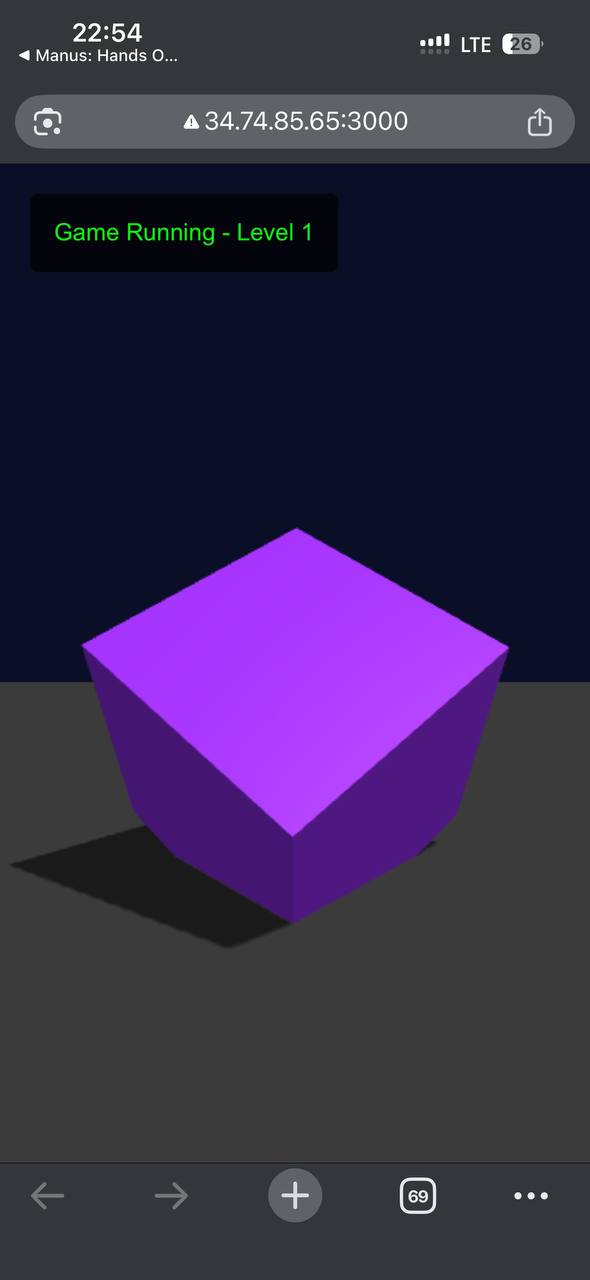 Простая 3D-сцена прототипа: фиолетовый куб на плоскости и индикатор уровня "Game Running - Level 1" в верхней части экрана браузера.