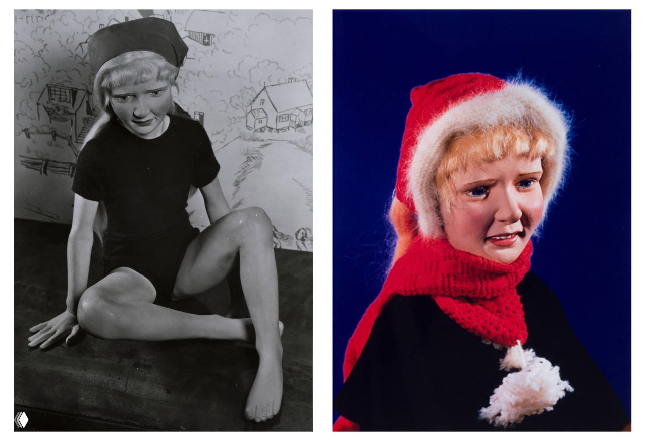 Две фотографии портретного типа: слева чёрно‑белая кукла в шапочке, справа цветной крупный план трогательной куклы в красной шапке.