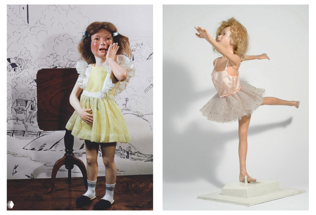 Пара изображений: слева кукла в жёлтом платье с рукой у лица, справа балерина‑кукла на постаменте в пуантах и пачке.