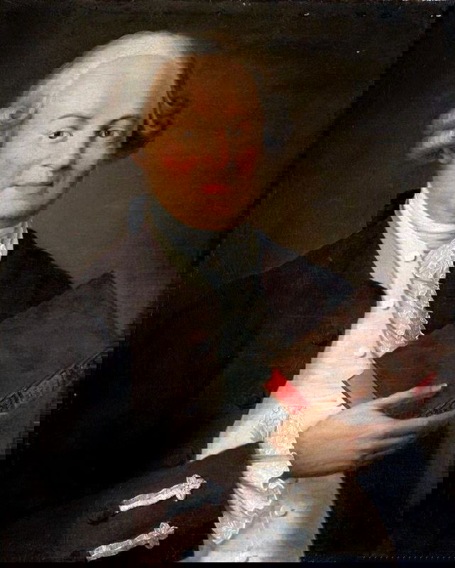 Портрет мужчины в светлом историческом костюме, фигура повернута к зрителю, в руках книга; мягкая палитра и аккуратная кисть.