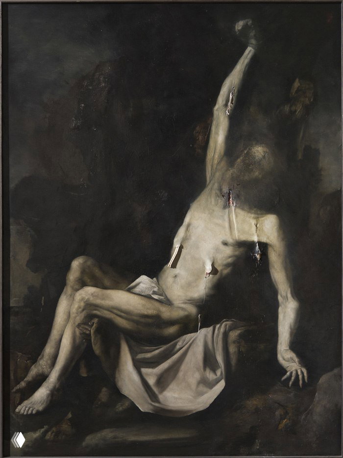 Большое живописное полотно в технике, близкой к барокко: фигура лежащего мужчины, тёмный фон и видимые места повреждений на краске.