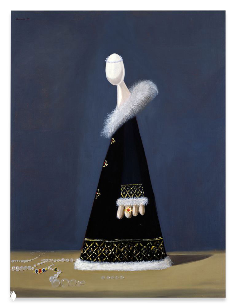 Изображение фигуры в длинном чёрном одеянии с жемчужной отделкой и удлинённой шейной формой — пример работы с формой и силуэтом у Кондо.