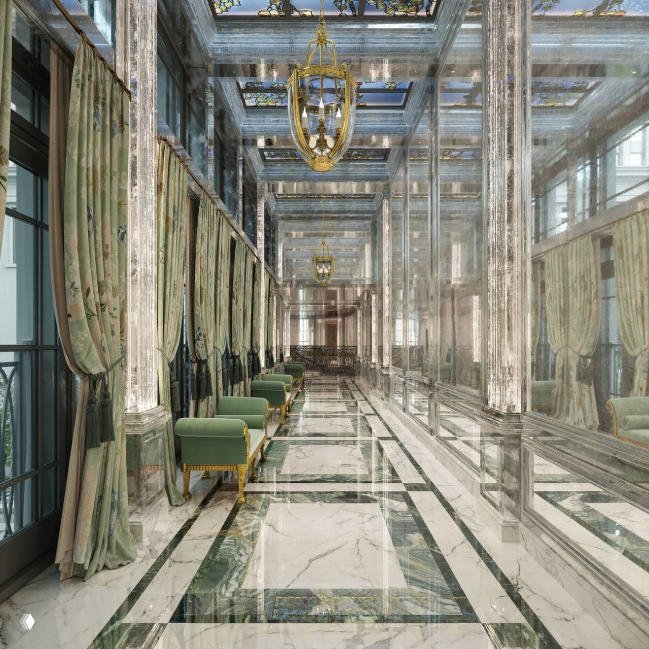 Длинный коридор с зеркальными колоннами, стеклянным потолком и мраморным полом — роскошный пассаж между залами внутри комплекса.