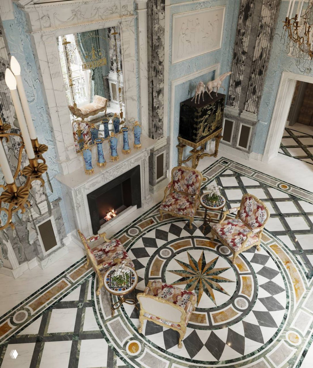 Вид сверху на круглый мраморный узорный пол и группу старинной мягкой мебели около камина — декоративный элемент интерьера.