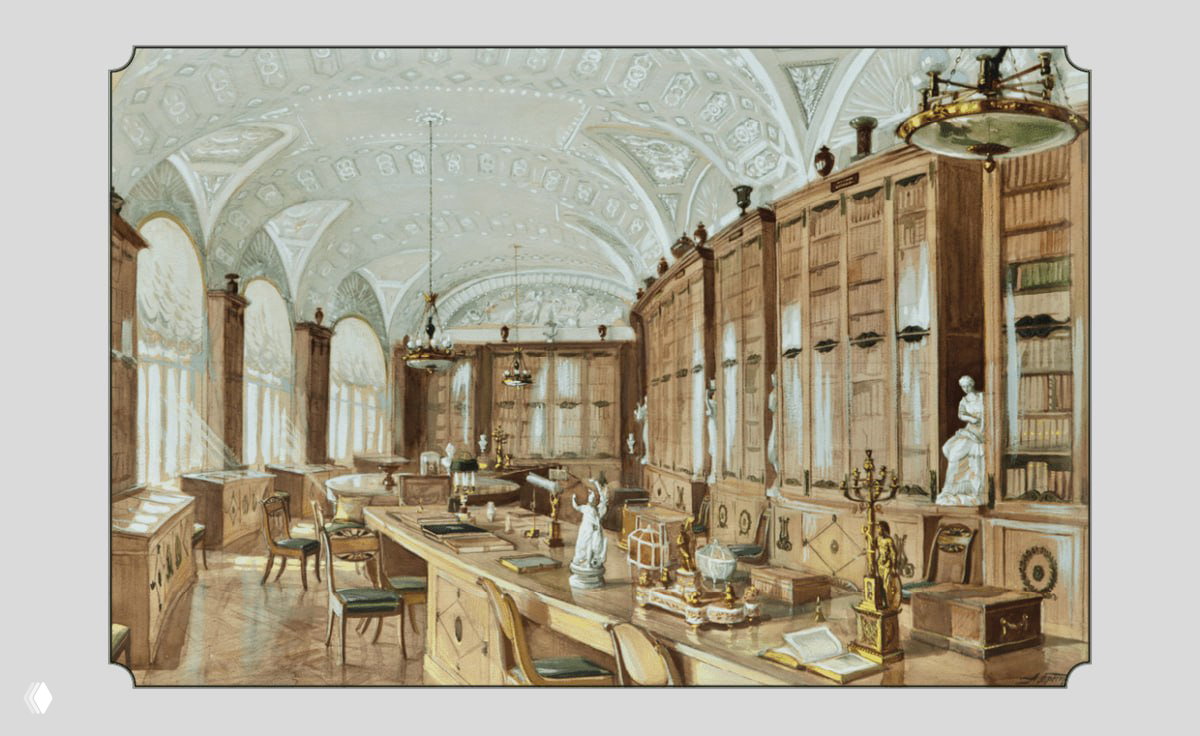 Иллюстрация исторической читальни Павловского дворца: светлая комната с арочными окнами, стеллажи с книгами и рабочие столы в академическом стиле.
