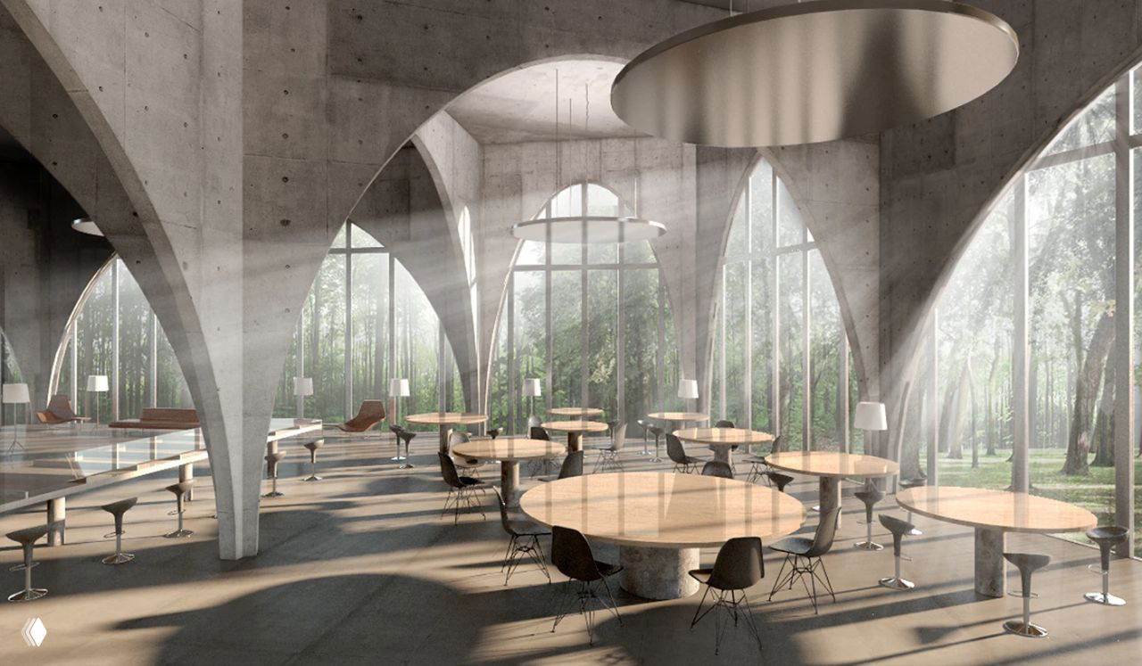 Интерьер библиотеки с круглыми деревянными столами и высокими арочными опорами из светлого бетона, лучи солнца проникают через большие окна.