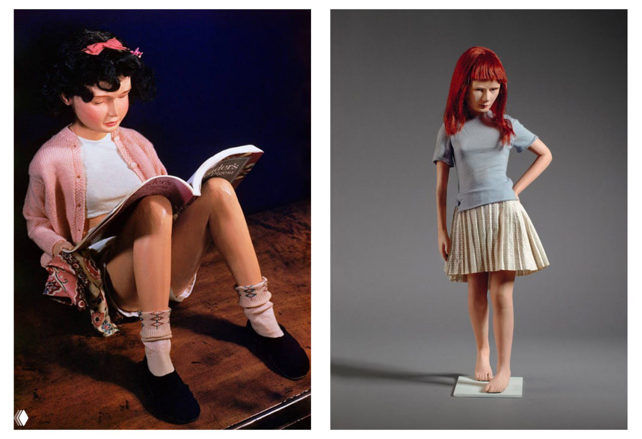 Две цветные фотографии: слева читающая кукла на темном фоне, справа стройная кукла‑стоячка с красными волосами и строгой позой.