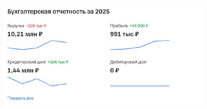 Карточка бухгалтерской отчётности за 2025 год: графики выручки и прибыли, указана кредиторская задолженность — фрагмент финансовых данных независимой книжной.