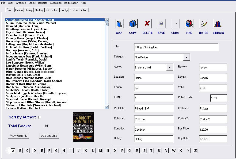 Скрин старого настольного приложения для учёта библиотеки: список книг, поля метаданных и окно с информацией — цифровой буктрекер прошлых лет.