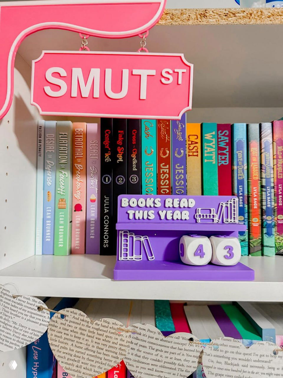 Полка с цветными корешками и пластиковым табло с надписью "Books read this year" и счётчиком — декоративный трекер количества прочитанных книг.