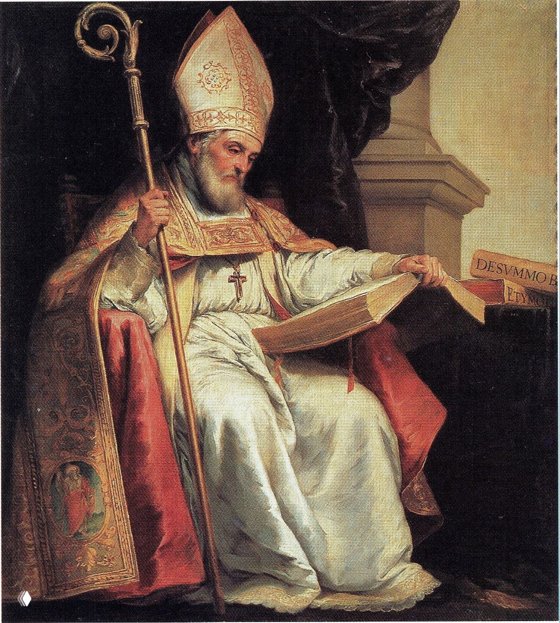 Живописный портрет архиепископа Исидора: фигура в митре и литургическом одеянии держит посох и раскрытую книгу на коленях в интерьере.