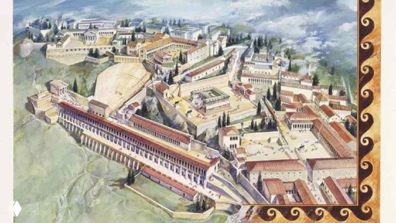 Иллюстративная реконструкция Пергамской библиотеки и театрального комплекса: вид с высоты, свиточные хранилища и ряд античных построек на холме.