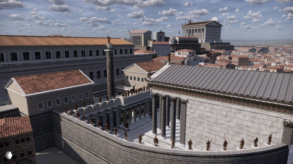 Реконструкция римского форума и библиотек Траяна: колонны, внешние балконы библиотек и панорамный городской пейзаж античного Рима.