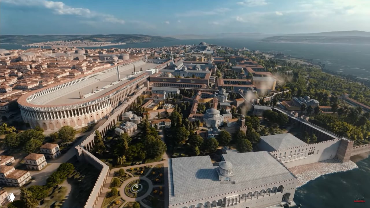 Панорамная цифровая реконструкция Константинополя с императорской библиотекой: прибрежные здания, стены и ансамбль хранилищ манускриптов на берегу Босфора.