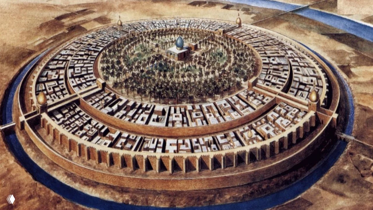 Художественная схема круглого древнего города с центральным садом и религиозно-культурным комплексом, иллюстрация устройства городского центра и библиотечного хранилища.