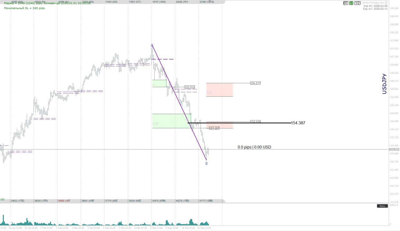 Чарт USD/JPY с нисходящим движением и уровнем баланса дня около 105.387, пометками возможной интервенции и зоне сопротивления на графике.