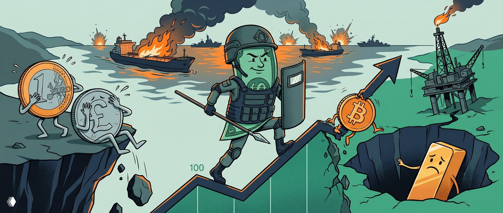 Карикатурная иллюстрация: доллар в броне идёт вверх по графику на фоне горящих танкеров в Ормузском проливе, нефть и золото.