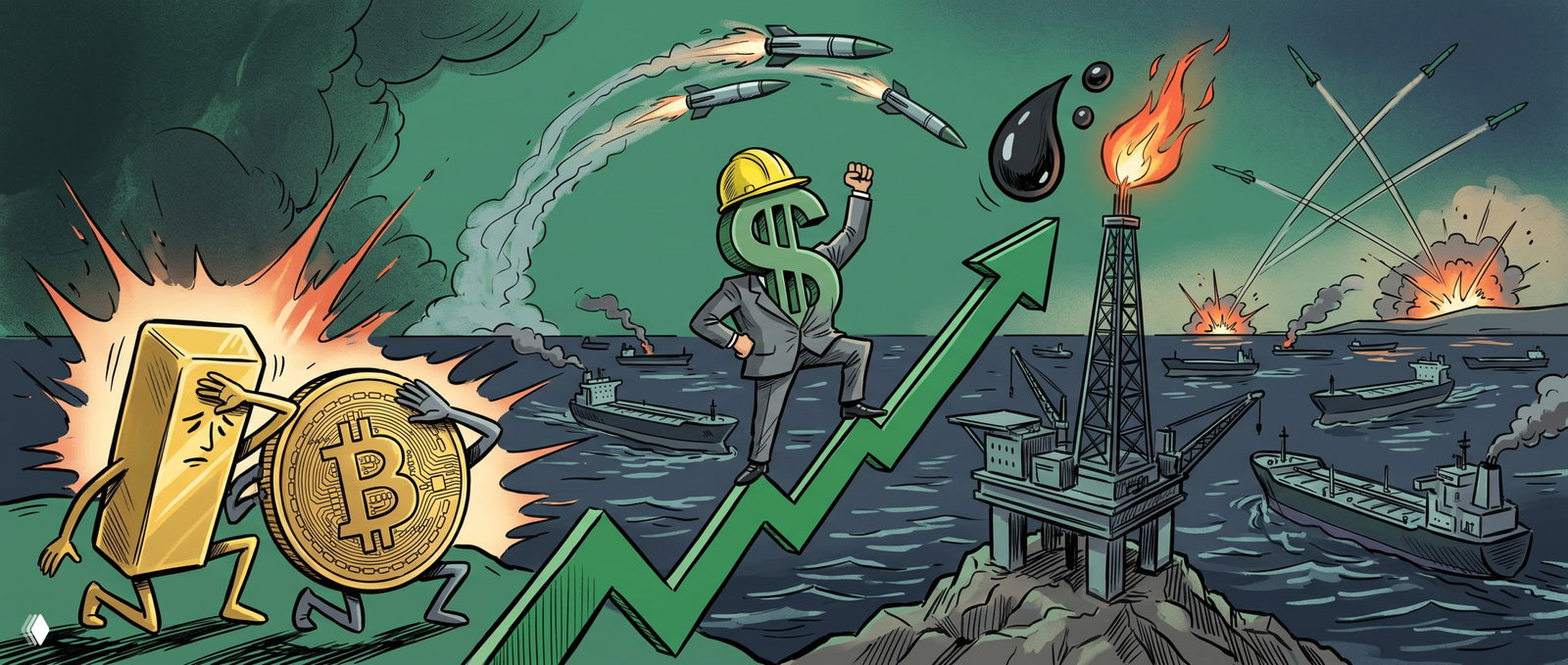Карикатурная иллюстрация: доллар в виде человека на растущем графике, ракеты и взрывы в море, танкеры и нефтяная платформа — рост нефти и давление на золото/биткоин.