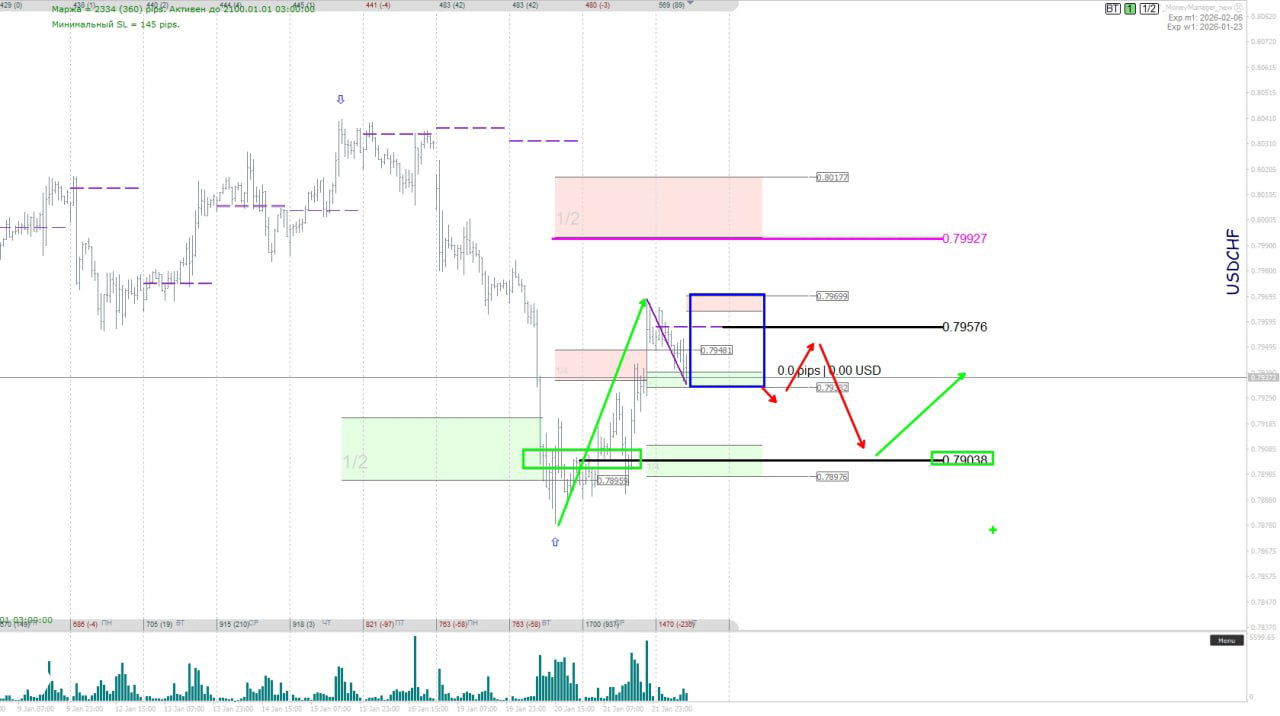 График USDCHF показывающий аналогичный анализ с акцентом на уровень баланса дня 0.79576 и возможные уровни отката и продолжения движения.