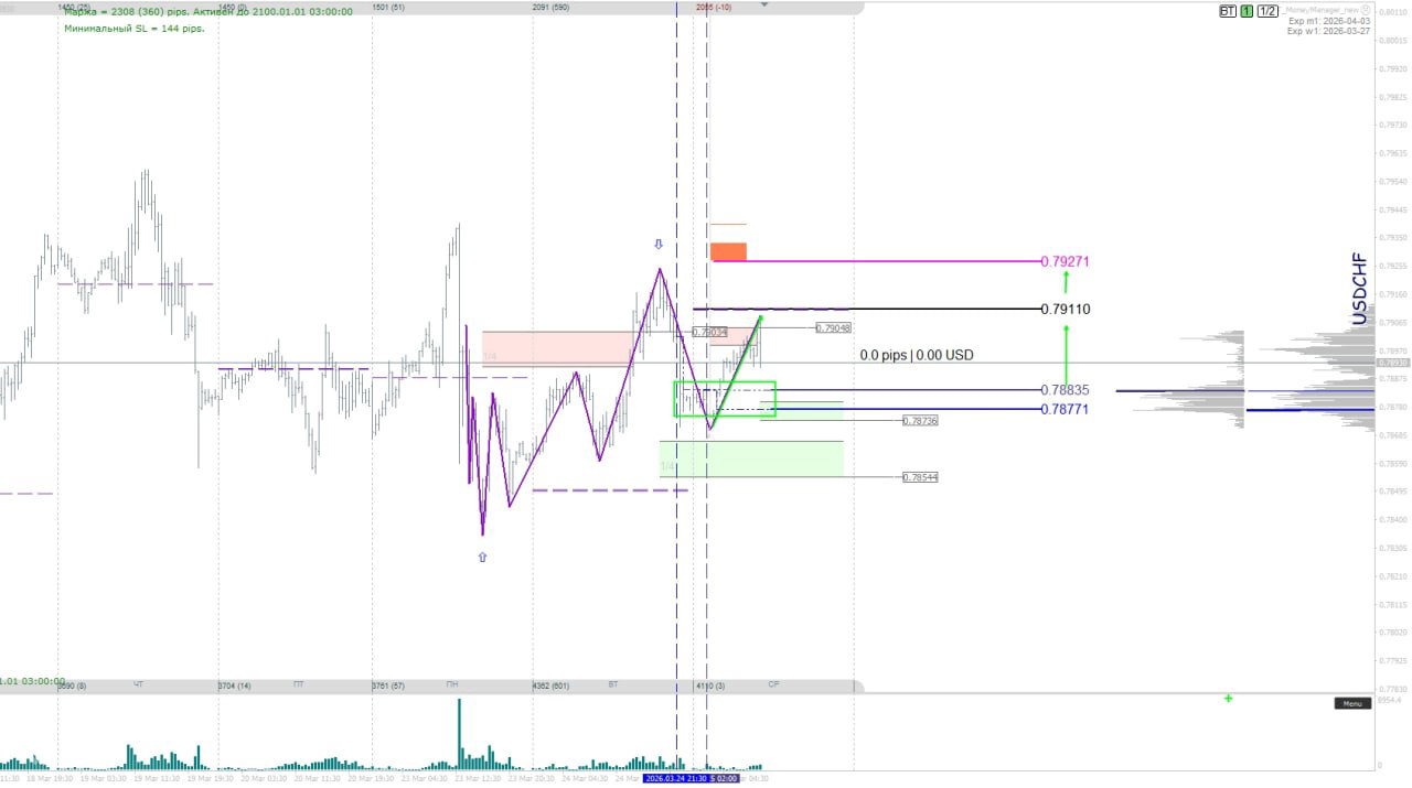 График USD/CHF с профилем объёмов, разметкой целей и маржинальных зон; видно недавний импульс и зоны потенциального отката цены.