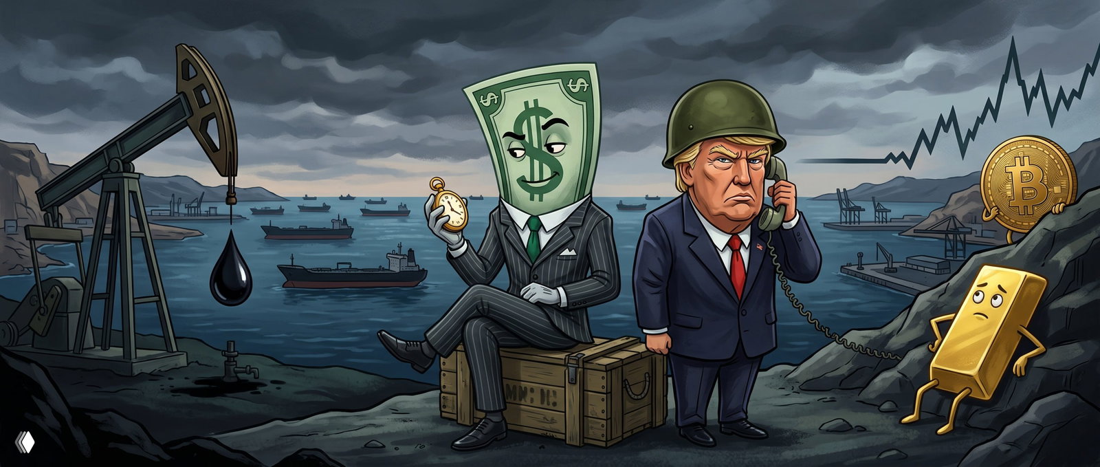 Карикатурная сцена: персонифицированный доллар в костюме с часами, политик в военной каске у порта, корабли, нефть, золото и биткоин на фоне