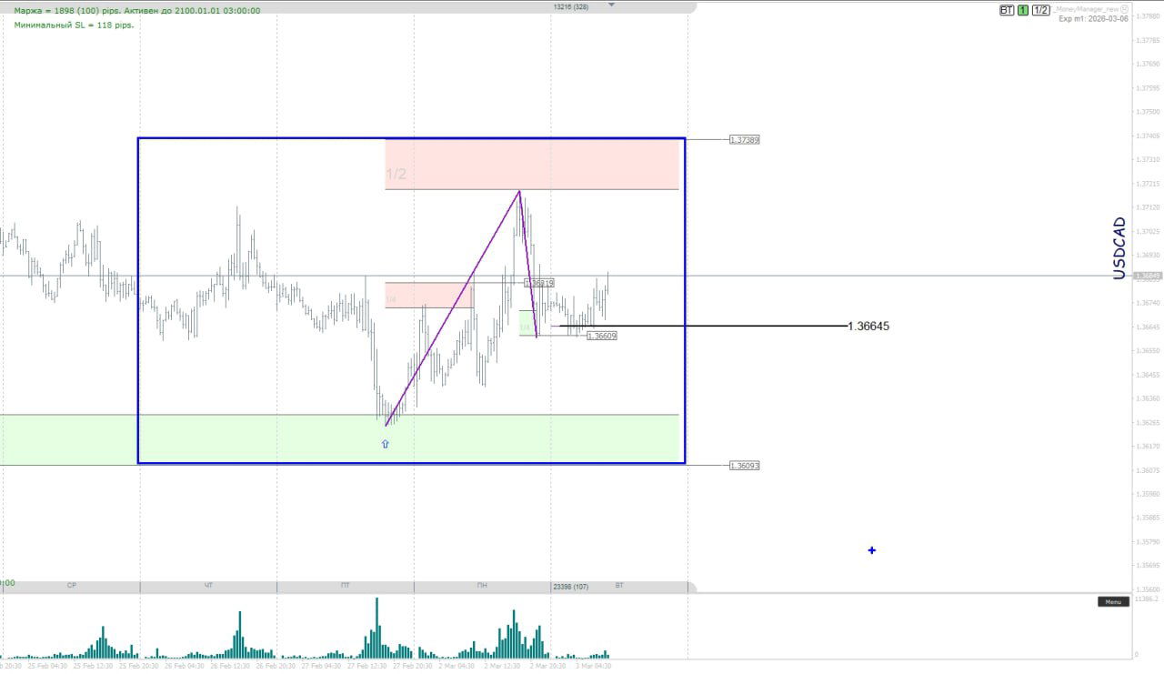 График USD/CAD внутри широкого диапазона, отмечен баланс дня 1.36845 и зелёная поддержка внизу, показаны объёмы и уровни целей.