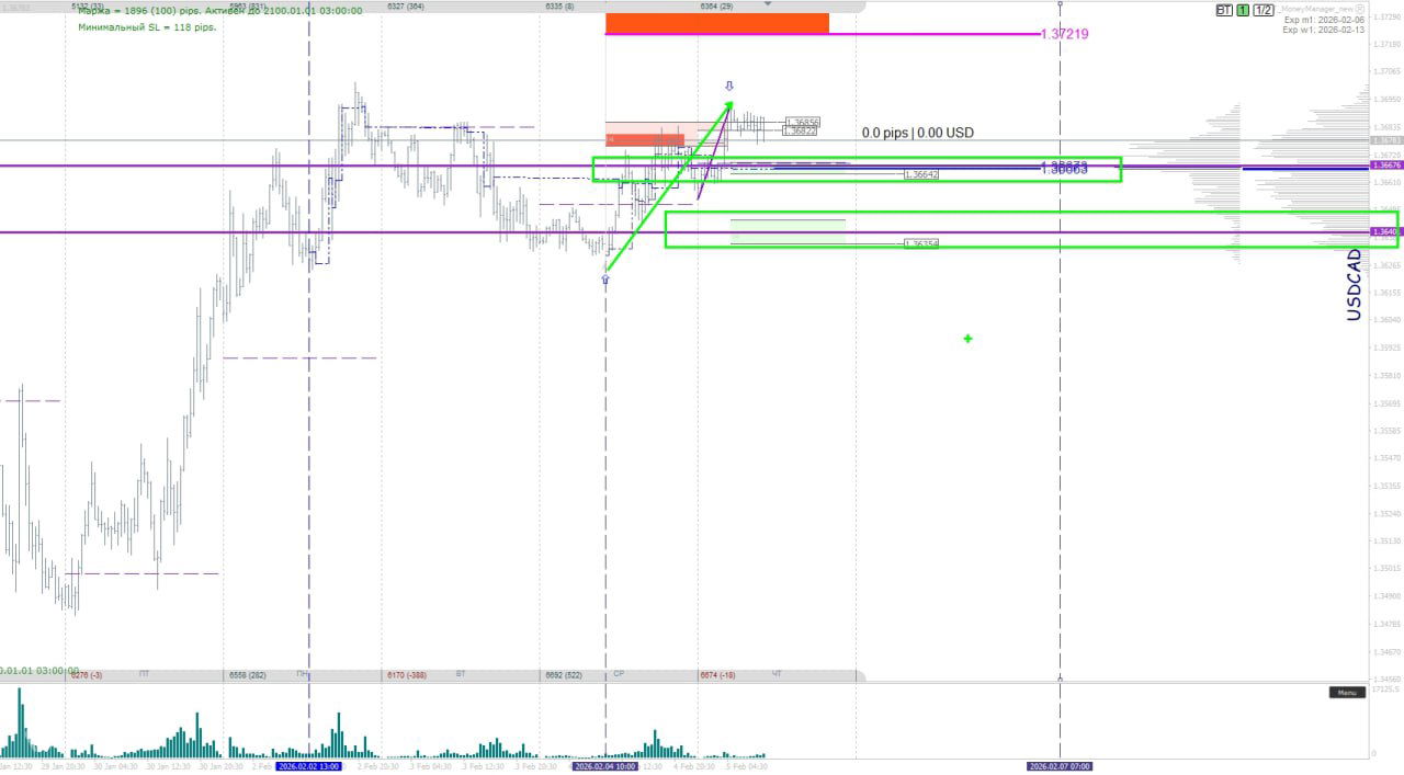 График USDCAD с двумя сценариями покупки, отмеченными уровнями короткой и глубокой коррекции и зелёными зонами объёма.