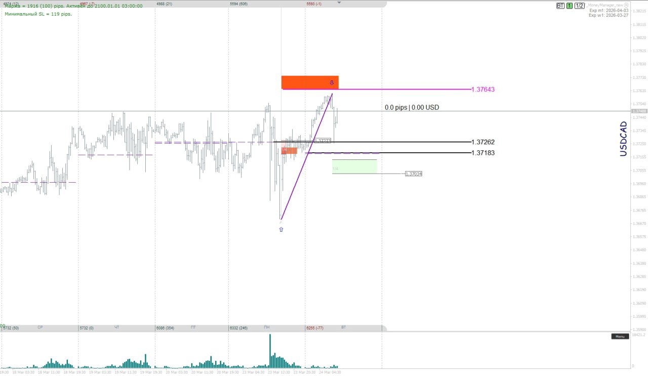 График USD/CAD с отмеченной целью 1.37643 по пробою и маркером баланса дня 1.37183; объём и зоны отображены на правой панели.
